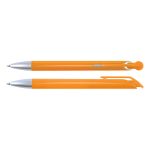 An orange plastic pen with a silver clip and tip, accompanied by another similar pen.