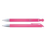 A set of two pink plastic pens with silver accents and distinct designs. One is retractable, while the other has a clip.