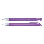 A purple plastic pen with silver accents, featuring a sleek design and a clip for easy attachment.