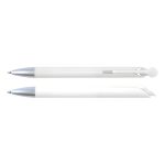 A set of white plastic pens with silver accents, featuring a clip and a smooth design.