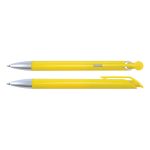A set of yellow plastic pens with silver accents, featuring a click mechanism and a sleek design.