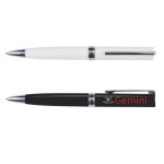 A set of two plastic pens, one in white and one in black, both featuring a silver clip and branding.
