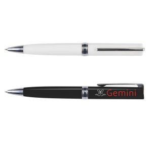 A set of two plastic pens, one in white and one in black, both featuring a silver clip and branding.