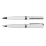 A white plastic pen set featuring a sleek design with silver accents and a logo.