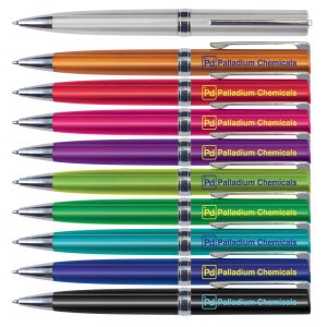 A collection of metallic pens in various colors, including silver, orange, red, purple, green, and blue, featuring branding.