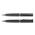 A pair of black metallic pens, featuring sleek designs and a glossy finish, displayed against a white background.