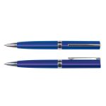 A blue metallic pen set with silver accents, featuring two styles of pens, both with logos.