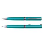 A metal pen set in teal with silver accents, featuring a click mechanism and a cap. Includes two pens.