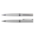 A silver metallic pen set featuring two styles, with sleek designs and chrome accents, includes a logo.