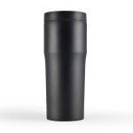 A drink bottle with a sleek, matte black finish and a black lid, featuring a rounded body and branded logo.