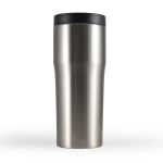 A drink bottle featuring a sleek stainless steel design with a black lid, intended for travel use.