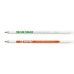 A set of two grey-lead pencils made from recycled newspaper, featuring green and orange branding on white barrels.