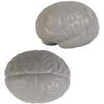 A gray brain-shaped stress reliever, featuring realistic details and a smooth texture, with a logo present.