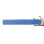 A transparent blue 30cm ruler held in a hand, featuring clear measurement markings along its length.