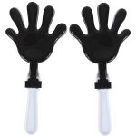 A pair of black hand-shaped clappers with white handles, designed for creating noise and visual appeal.