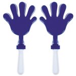 A set of two blue hand-shaped clappers with clear handles.