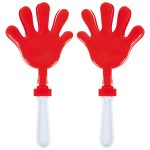 A pair of colorful red hand-shaped clappers with transparent handles.