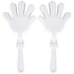 A pair of white hand-shaped clappers with clear handles, designed for making noise.