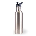 A drink bottle with a sleek stainless steel design and a black flip-top spout.