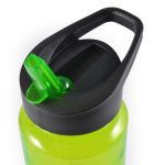 A drink bottle with a bright green body and a black lid featuring a flip-top straw for easy sipping.