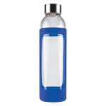 A drink bottle with a clear glass body and a blue silicone sleeve, featuring a metal cap and a branding logo.