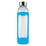 A drink bottle with a clear glass body and a bright blue silicone sleeve, featuring a metallic cap and logo.