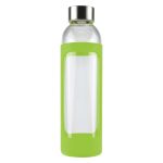 A drink bottle with a transparent glass body and a bright green silicone sleeve, featuring a metal cap.