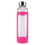 A drink bottle featuring a clear glass body and a vibrant pink silicone sleeve, topped with a stainless steel cap.