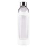 A drink bottle with a clear glass body and a white silicone sleeve, featuring a silver metal cap.