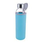 A drink bottle made of glass featuring a sleek design, encased in a light blue neoprene sleeve with a grey handle.
