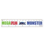 A white 15 cm ruler featuring colorful text that reads "MEGA Spelling MONSTER" with an animated character illustration.