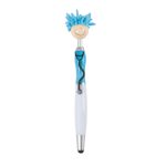 A stylus pen featuring a blue-haired character on top, with a white and blue barrel and a black tip.