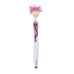 A stylus pen featuring a pink and white design with a character head and pink mop-top hair. It has a branding logo.