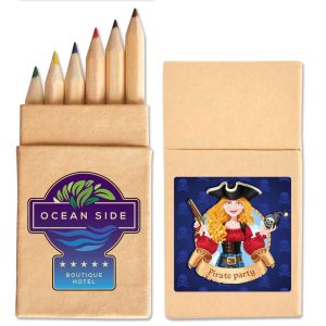 A pencil set featuring six colored pencils in a natural wooden finish, contained in a kraft paper sleeve with branding.