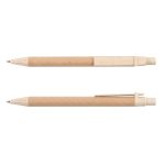 A brown eco-friendly pen with a textured surface and contrasting cream-colored details. It has a logo on one side.