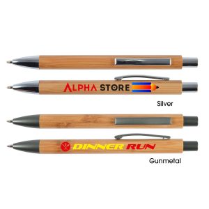 A collection of bamboo pens in silver and gunmetal colors, featuring various logos.