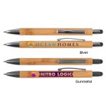 A set of Aspen bamboo pens in silver and gunmetal, featuring stylus tips and branding on the barrel.