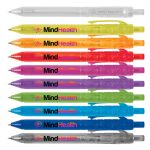 A collection of colorful plastic pens in various shades, featuring a logo and an eco-friendly design.
