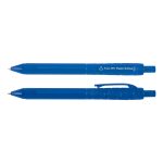 A blue pen, made from recycled PET plastic bottles, featuring a clip and a rounded tip. It has a logo.