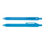 A blue plastic pen set featuring two different styles, both with a logo. Made from recycled PET plastic bottles.