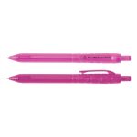 Two pink plastic pens made from recycled PET bottles, featuring a clip and transparent design.