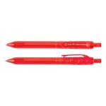 Two red plastic pens, featuring a transparent design and a logo, packaged together.
