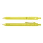 A pair of bright yellow plastic pens featuring a clip and a branding logo.