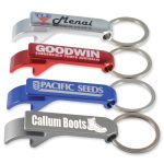 A collection of four metal bottle openers in red, blue, silver, and gray, each with a keyring and branding.