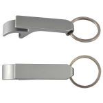 A drink bottle opener in sleek silver metal, featuring a keyring attachment for convenience.