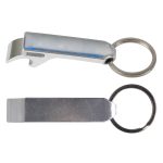 A drink bottle opener and keytag in silver metal with a keyring attachment. It has a sleek, minimalist design.