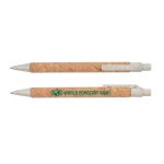 A cork pen with a natural cork barrel and a white top, featuring a printed logo that reads "WORLD FORESTRY AGM."