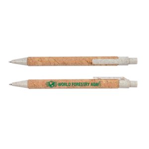 A cork pen with a natural cork barrel and a white top, featuring a printed logo that reads "WORLD FORESTRY AGM."
