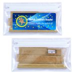 A clear pencil case containing a yellow ruler, a sharpener, and additional stationery items. It features a logo.