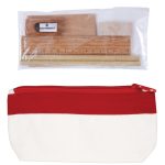 A stationery set featuring a red and white pencil case, wooden ruler, sharpener, and two wooden blocks.